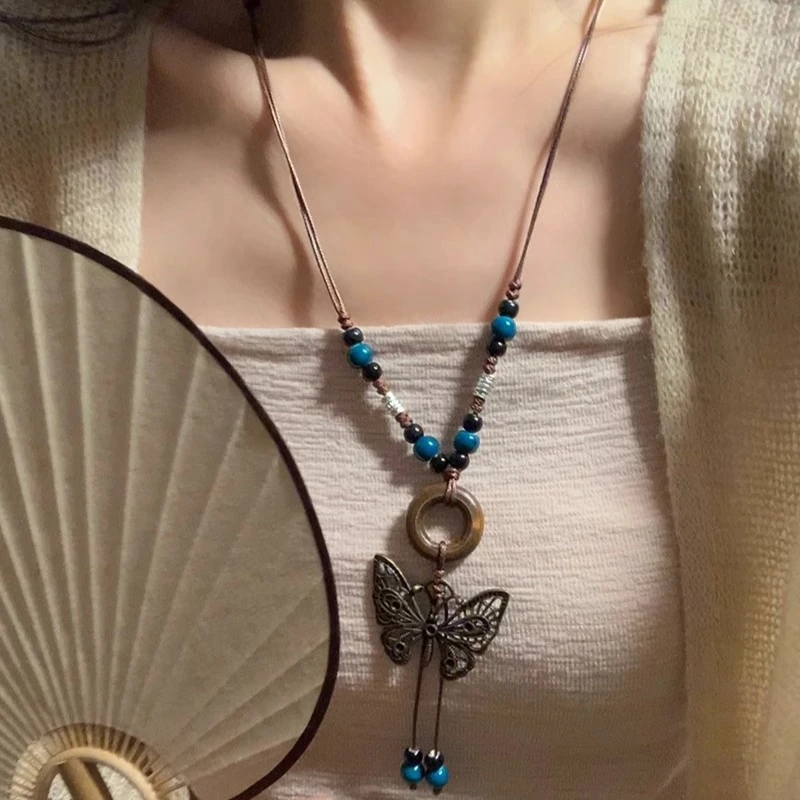 非金属布艺项链 长款古风蝴蝶吊坠项链新中式复古民族风颈链配饰
