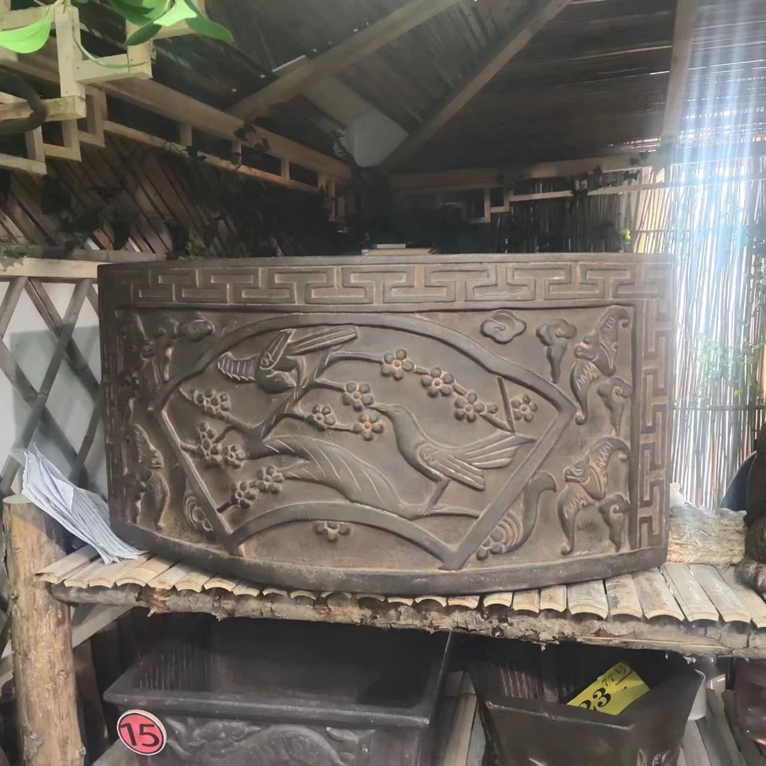 中国风禅意仿青石花盆子盆景专用盆雕刻工艺品鱼缸大半圆缸摆件