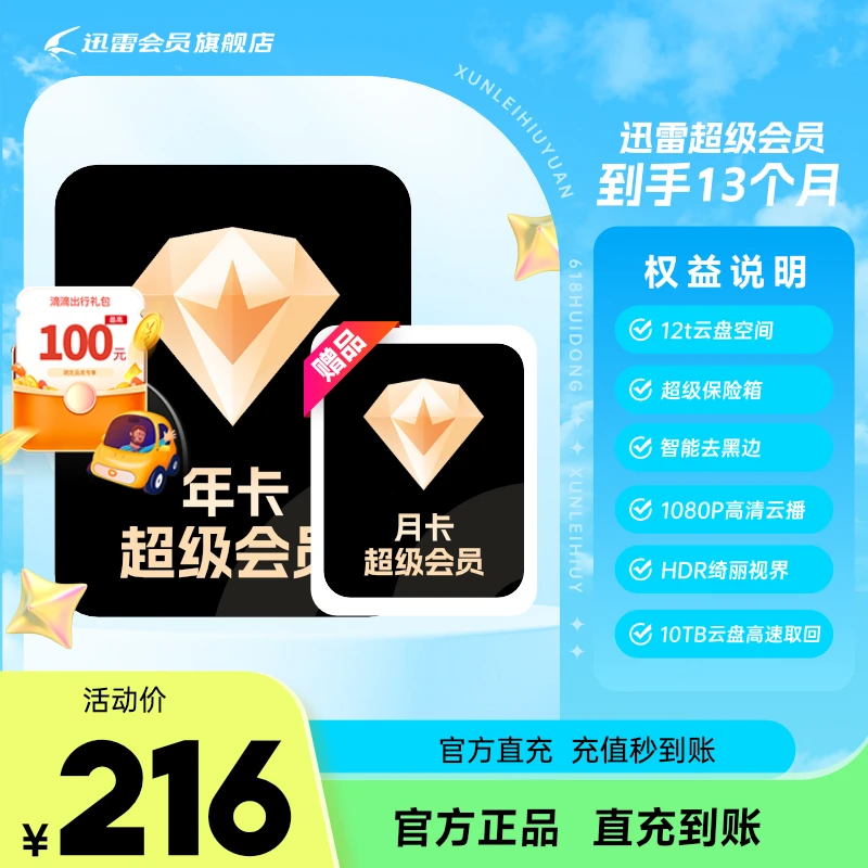 迅雷超级会员年卡多送一个月+滴滴打车券，可倍速播放，不支持退款