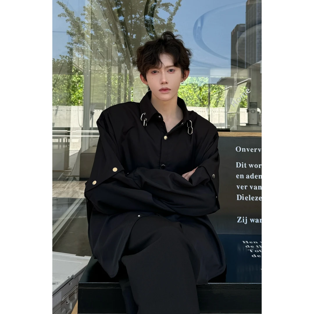 黑色垫肩衬衫男潮牌痞帅炸街可拆卸长袖衬衣廓形高级感发型师男装
