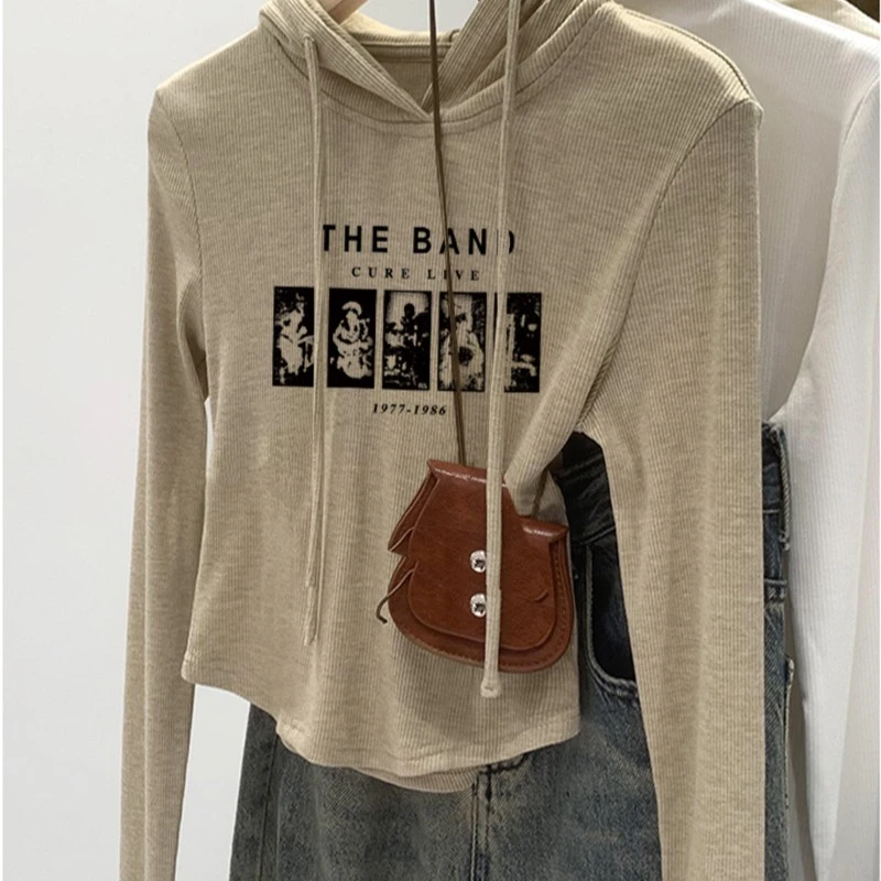 2023新款美式连帽长袖t恤女士洋气外出高档百搭打底衫上衣春秋季