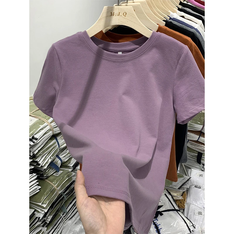 2025新款正肩磨毛短袖t恤女士春夏秋冬季紫色百搭上衣加厚打底衫