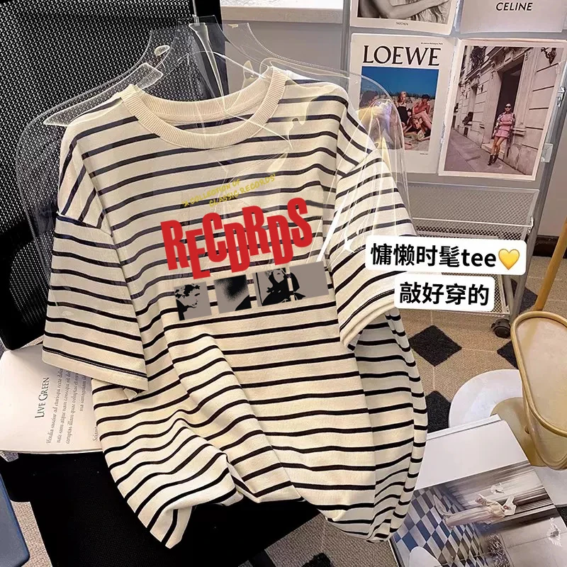 小众设计感条纹正肩短袖t恤女高端时尚洋气上衣基础款打底衫夏季