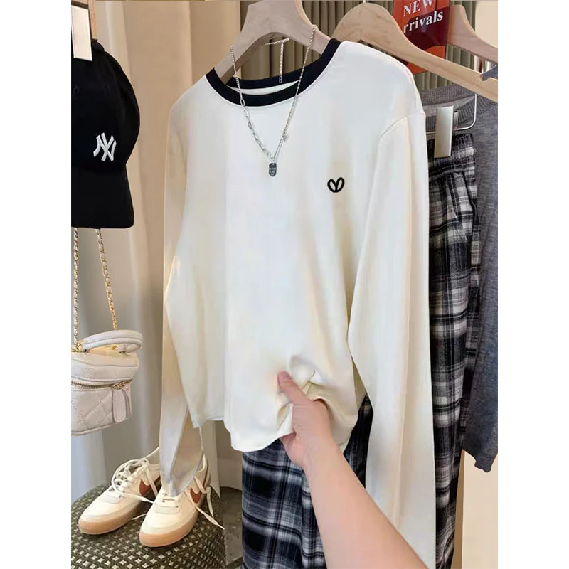 领口拼色设计感正肩长袖t恤女2024秋季时尚百搭减龄显瘦圆领上衣