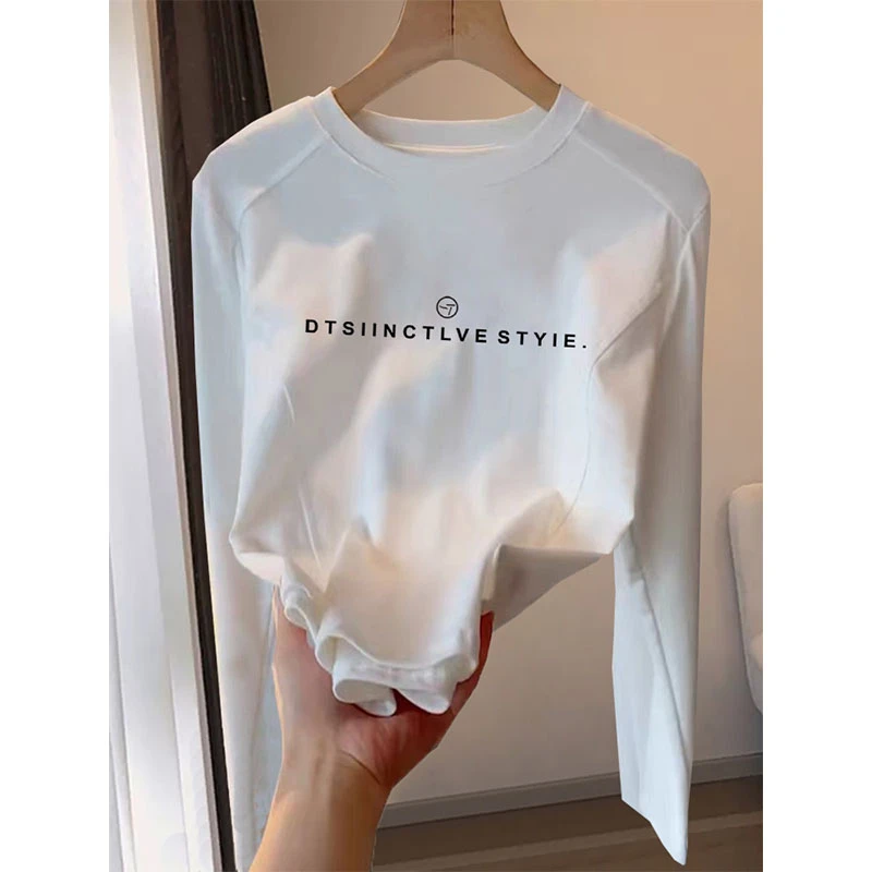 2024新款秋季正肩圆领长袖t恤女设计感小众时尚洋气白色体恤上衣