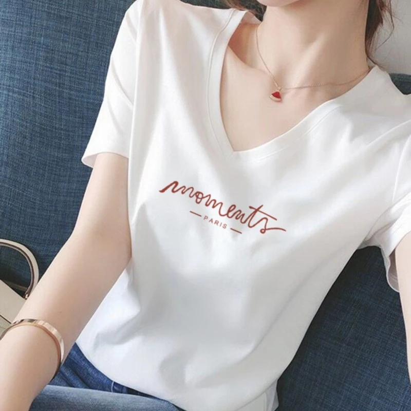 2025新款正肩短袖T恤女v领时尚百搭修身洋气白色上衣减龄内搭显瘦