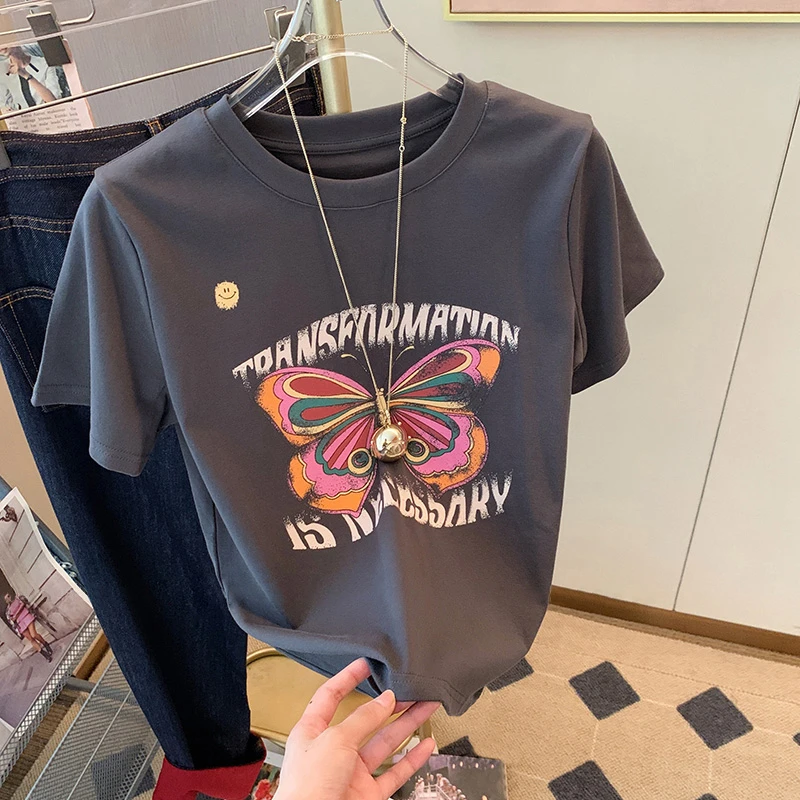 正肩短袖T恤女减龄显瘦洋气上衣t恤修身圆领夏季2025新款潮