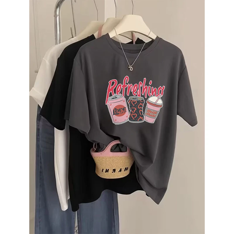 正肩圆领印花短袖t恤女2024新款时尚百搭洋气显瘦上衣打底衫夏季