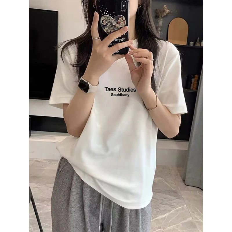 小众设计感圆领字母短袖t恤女时尚百搭洋气白色打底衫夏季上衣ins