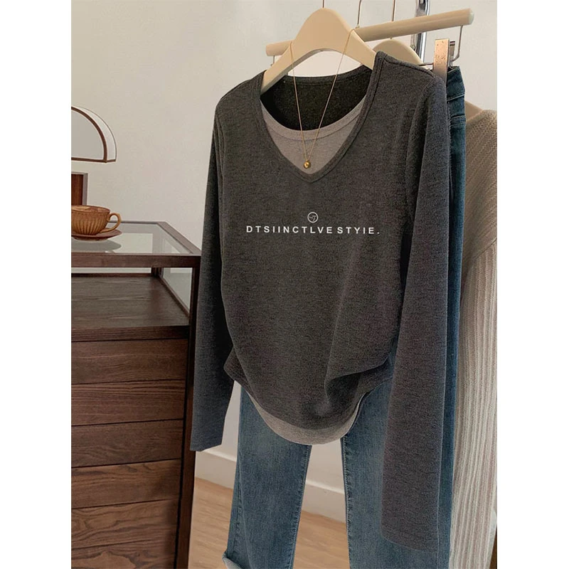 2025早秋新款假两件长袖T恤女时尚休闲洋气减龄内搭打底衫上衣潮