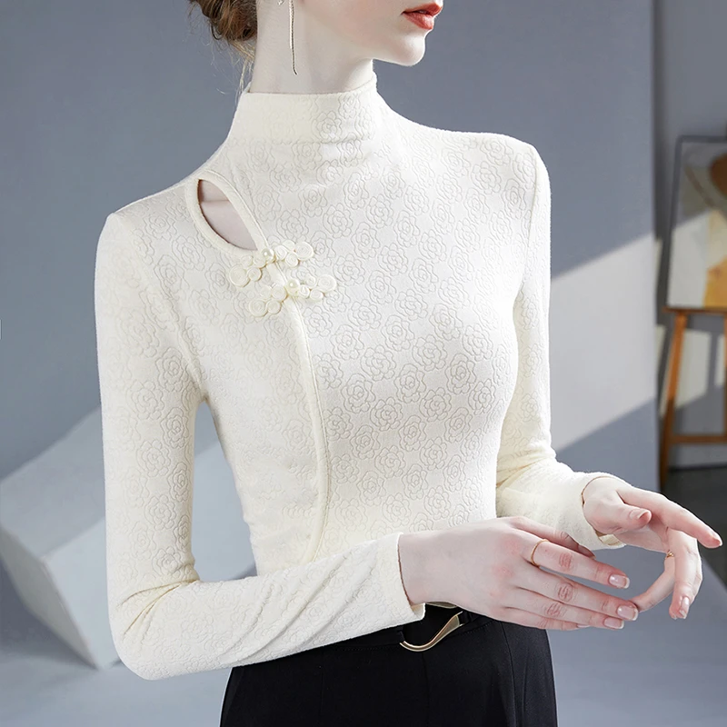 洋气提花半高领盘扣小衫女时尚上衣秋季新款气质长袖内搭打底衫女