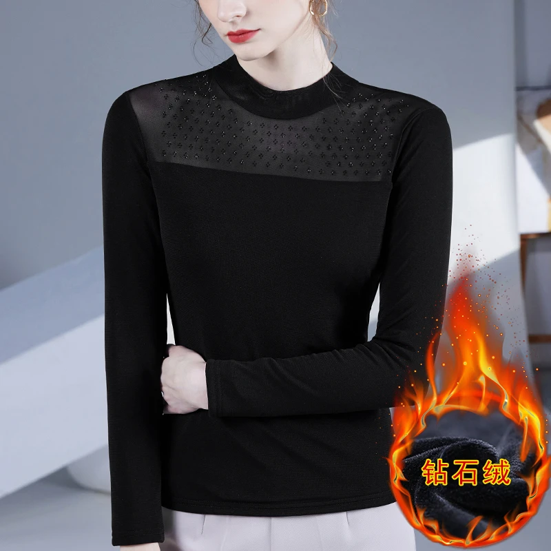 2024冬季加绒半高领烫钻时尚百搭打底洋气加绒保暖长袖网纱小衫