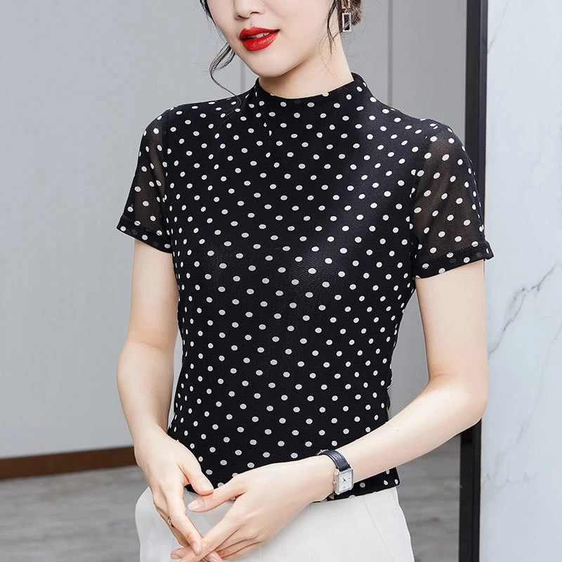 夏季新款半高领网纱波点 修身短袖T 恤印花遮肚洋气百搭小衫上衣