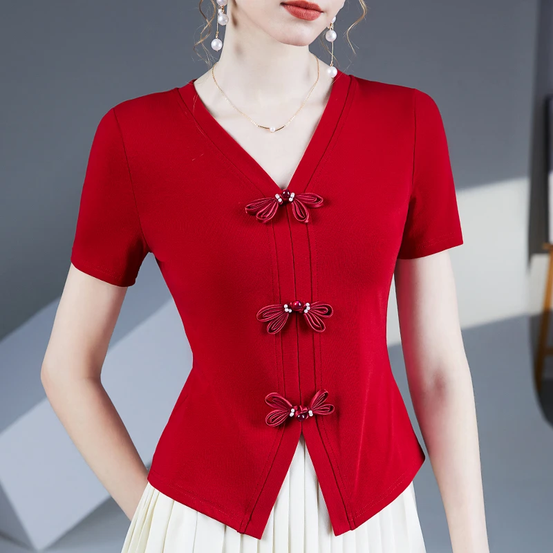 新中式V领短袖棉T恤2025夏季新款时尚小衫蝴蝶结盘扣女上衣
