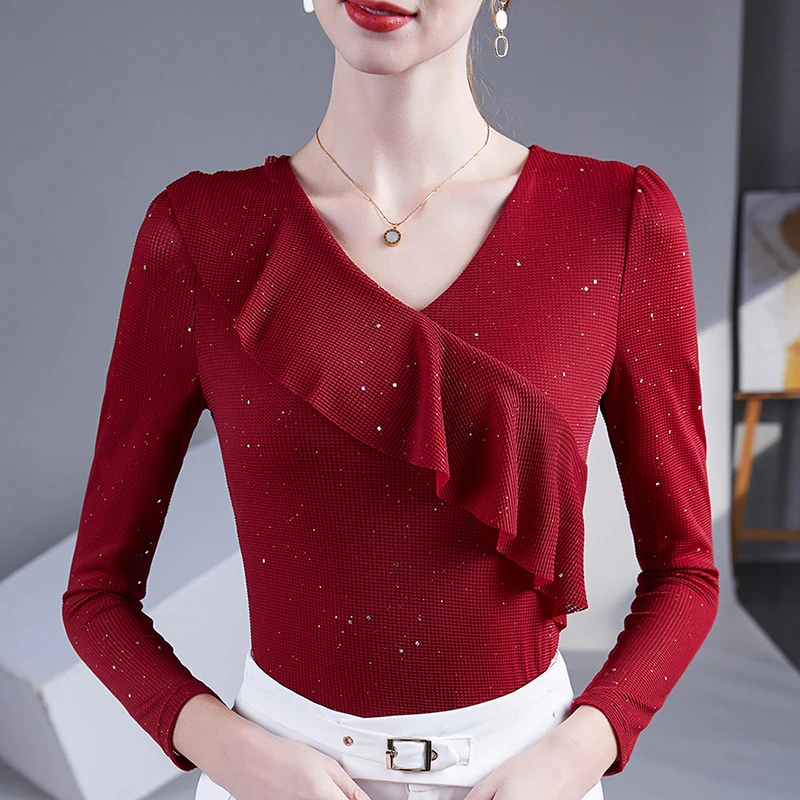 荷叶边V领长袖网纱打底衫女秋装新款纱衣舞蹈小衫显瘦t恤女上衣