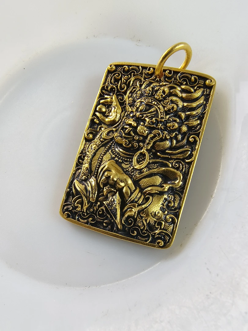 足金大黑天方牌吊坠