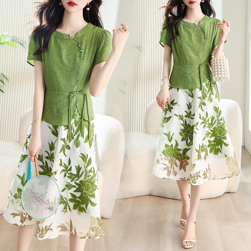 夏季女装新款时尚新颖大气新中式盘扣假两件套连衣裙