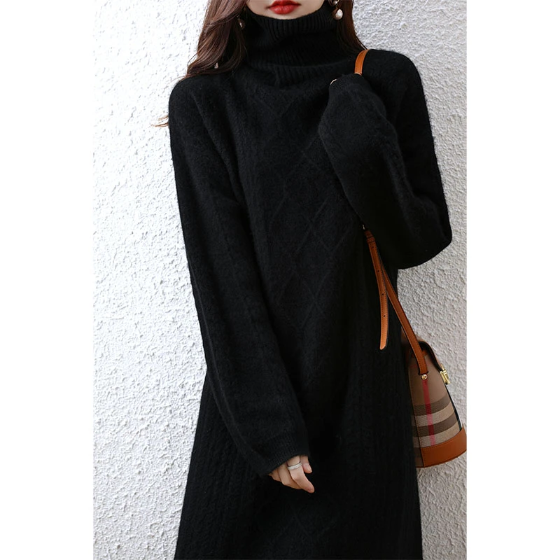 气质高领秋冬中长款修身显瘦内搭羊毛针织连衣裙女