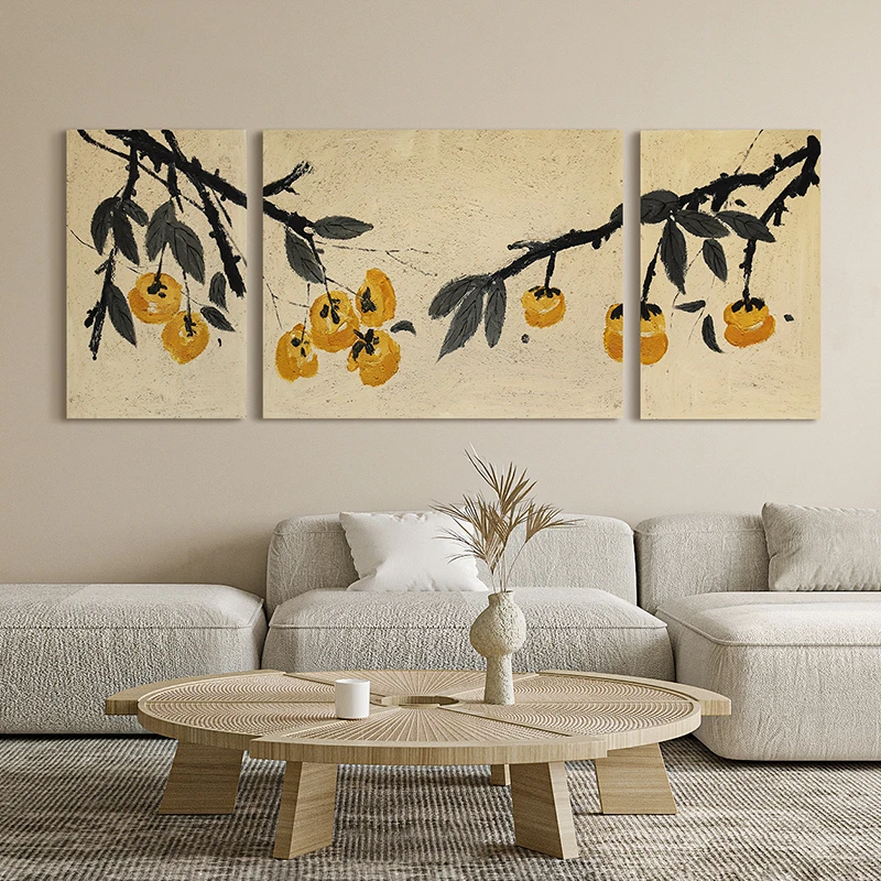 忒派柿柿如意好寓意油画现代原木风沙发背景墙挂画高级感三联画
