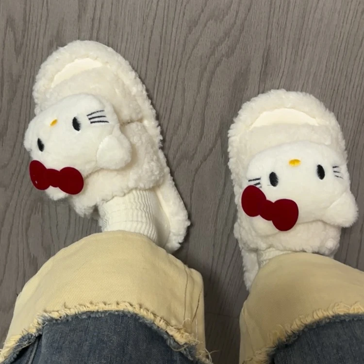 可爱kitty猫羊羔毛拖鞋女2024秋冬新款舒适一字居家毛毛学生拖鞋