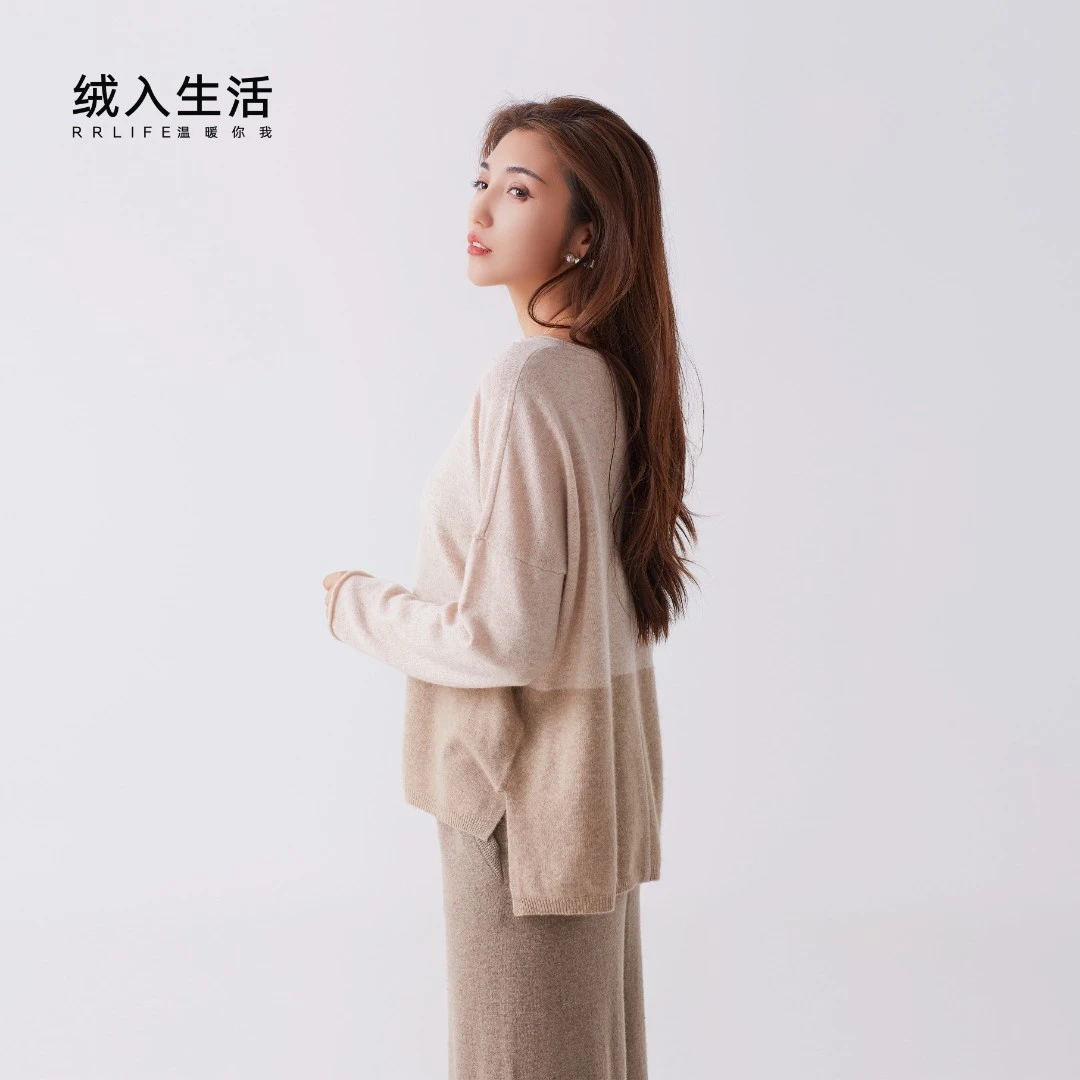 RRLIFE/绒入生活【绒舒】秋冬款大促100分山羊绒上下异色圆领针织衫