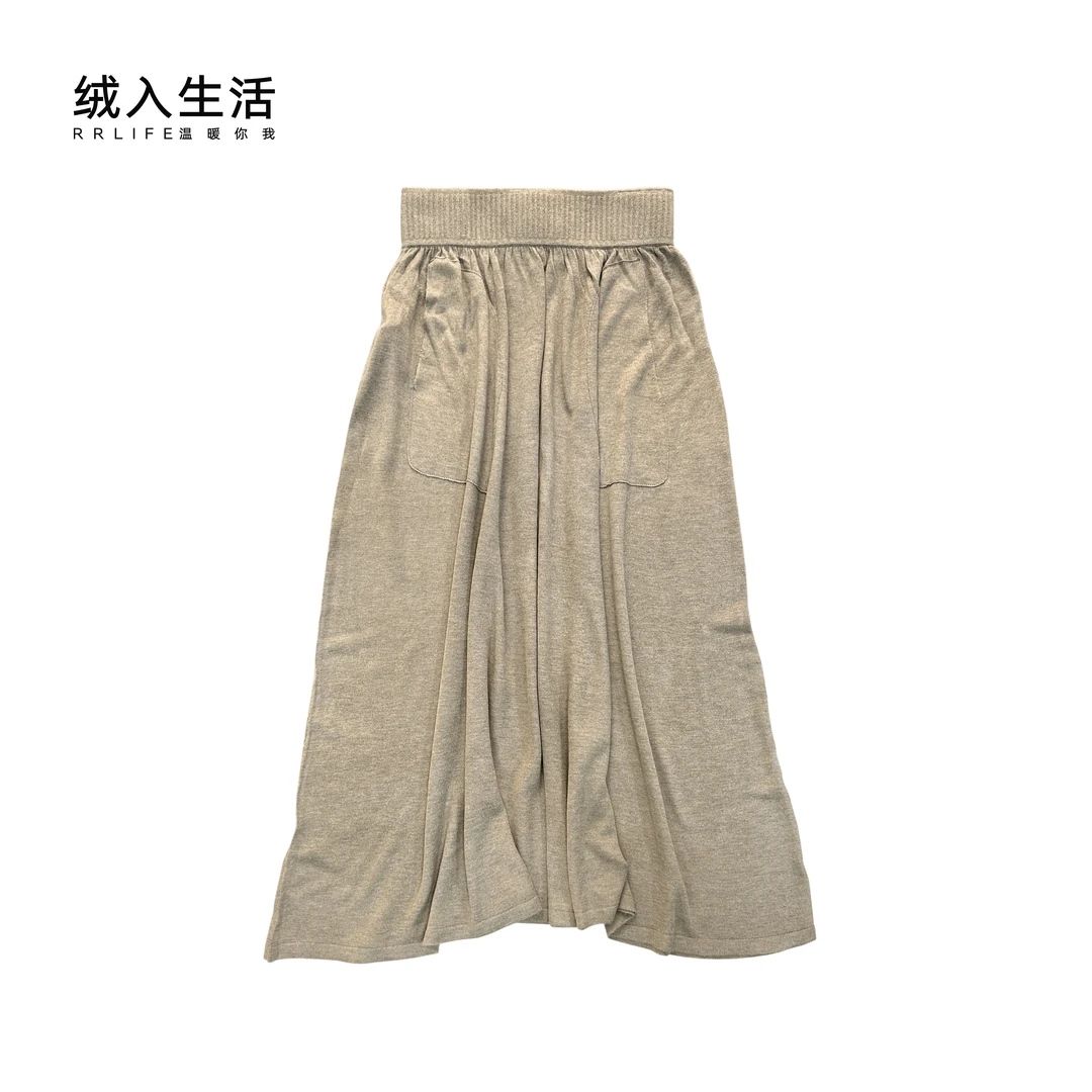 RRLIFE/绒入生活【绒舞】精纺丝羊绒平纹春夏简约百搭带兜女半身裙