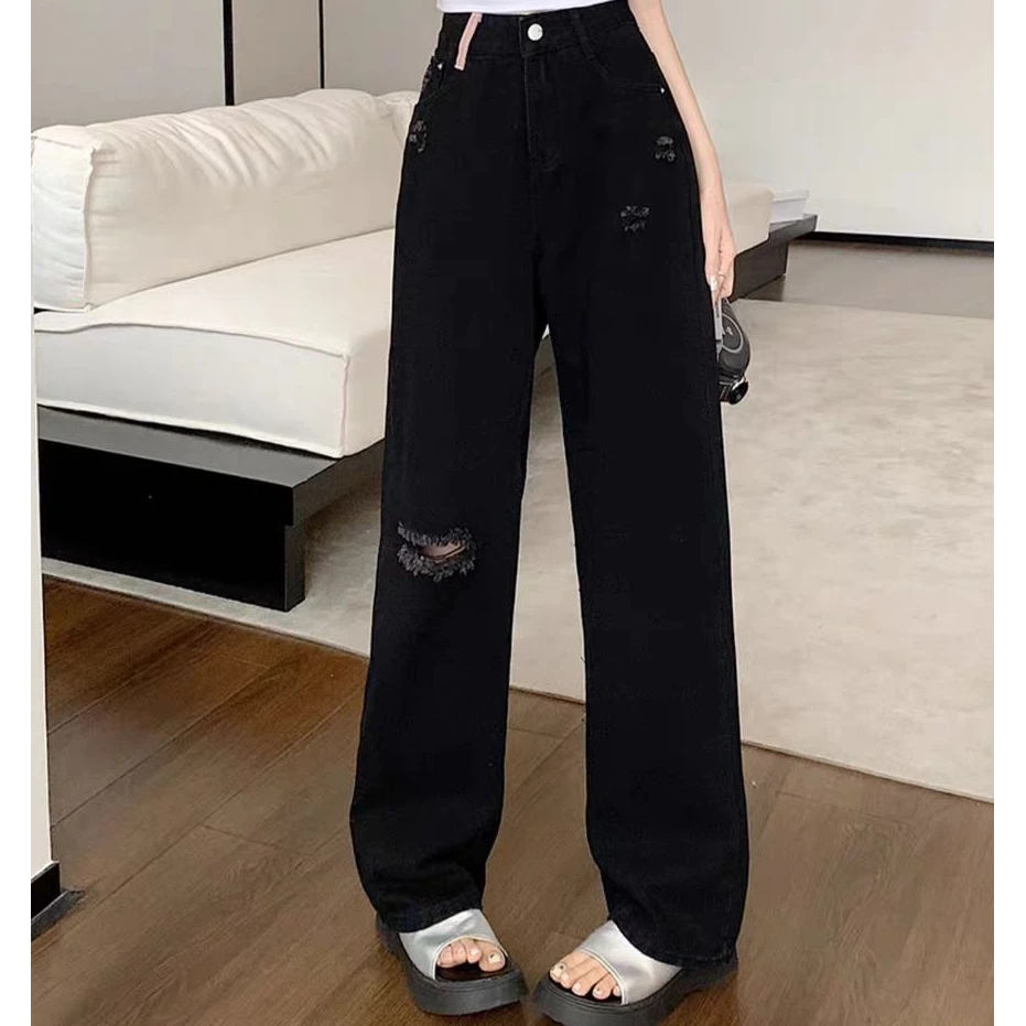 637黑色直筒牛仔裤女高腰梨形身材窄版阔腿长裤裤长107左右