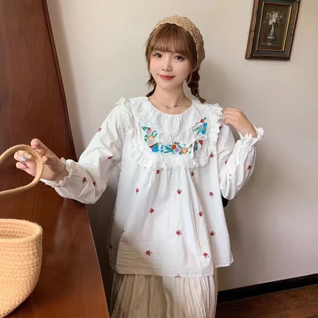 宽松大码收腰长袖百搭衬衫女2023秋季新款系带娃娃衫上衣减龄衬衣