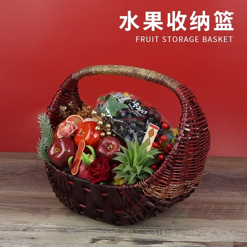 新款竹编半月篮水果店打包送礼外卖高档果篮半月形果蔬送礼篮子