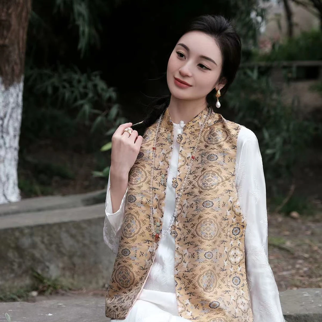 盛唐牡丹鹤鹿同春宋锦双面穿高黄色宋锦女士外套真丝宋锦国风马甲