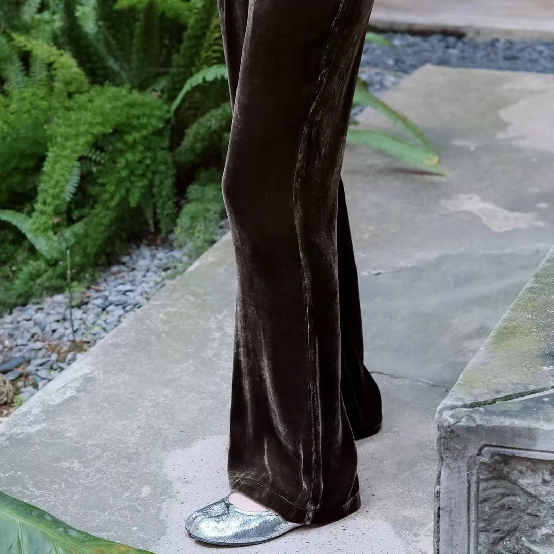 盛唐婧新中式丝绒微喇裤咖色新款时尚洋气百搭女装