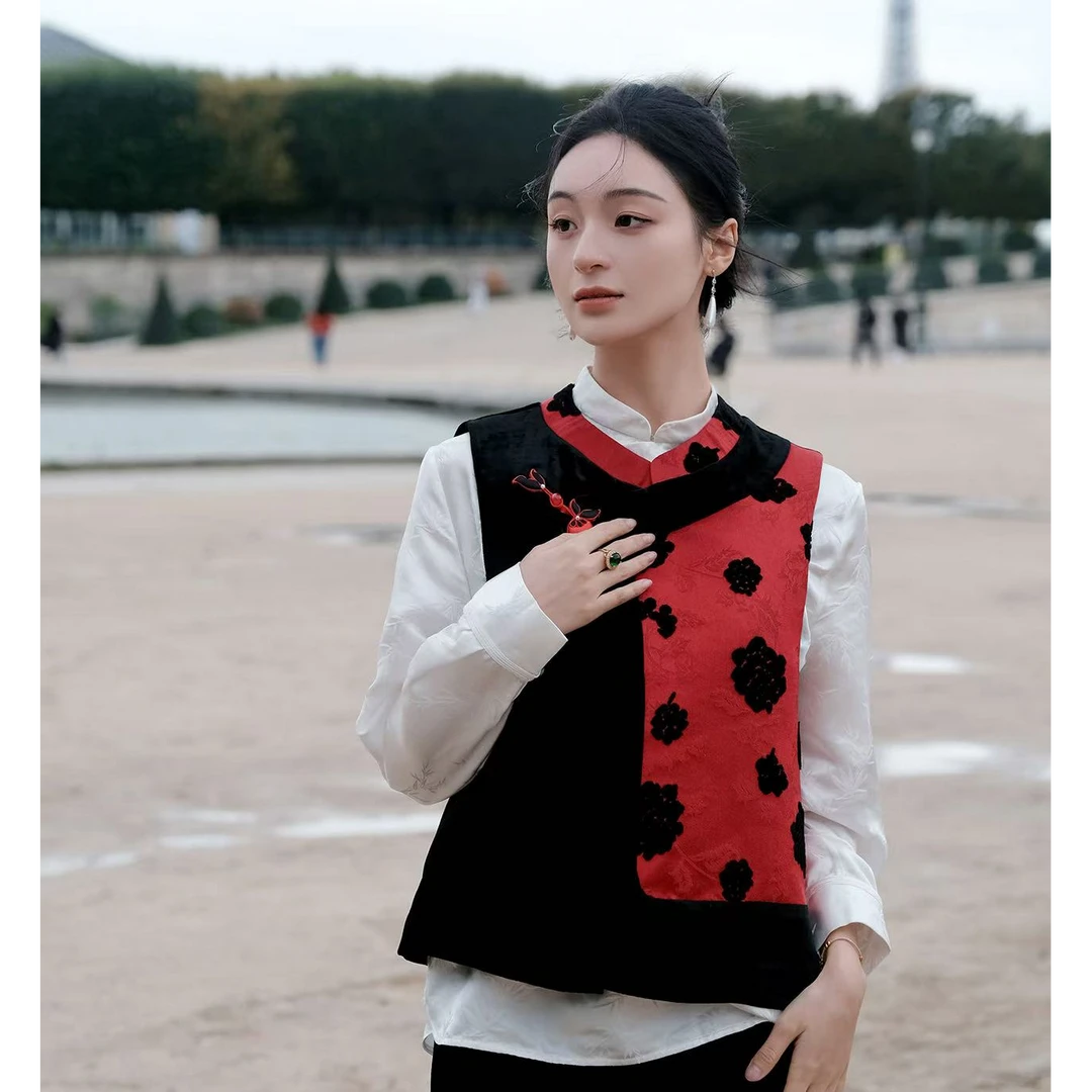 盛唐牡丹牡丹花漳缎拼丝绒马甲新款时尚洋气百搭女装小众炸街高