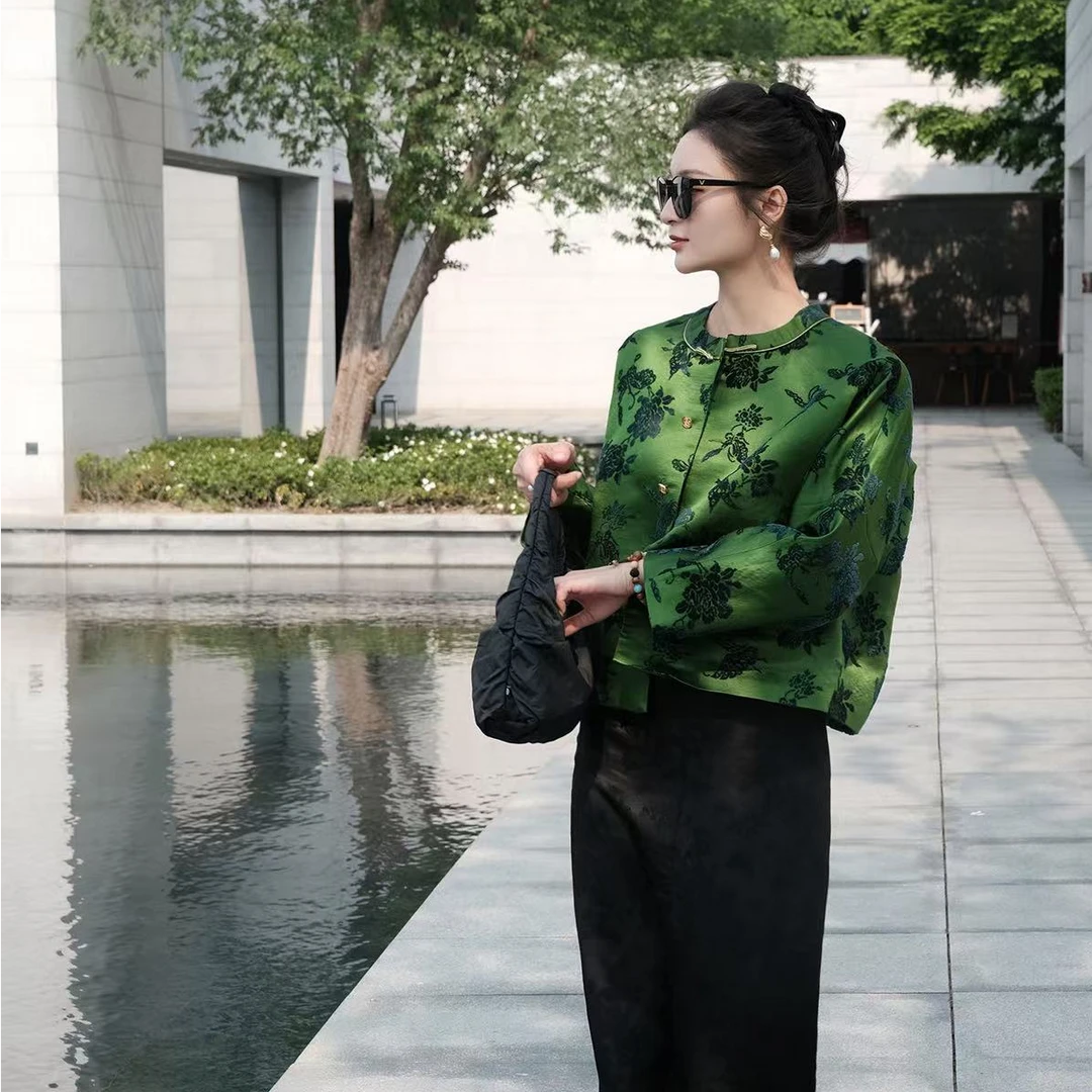 盛唐牡丹真丝漳绒圆领外套(绿色)新款时尚洋气百搭国风新中式女装