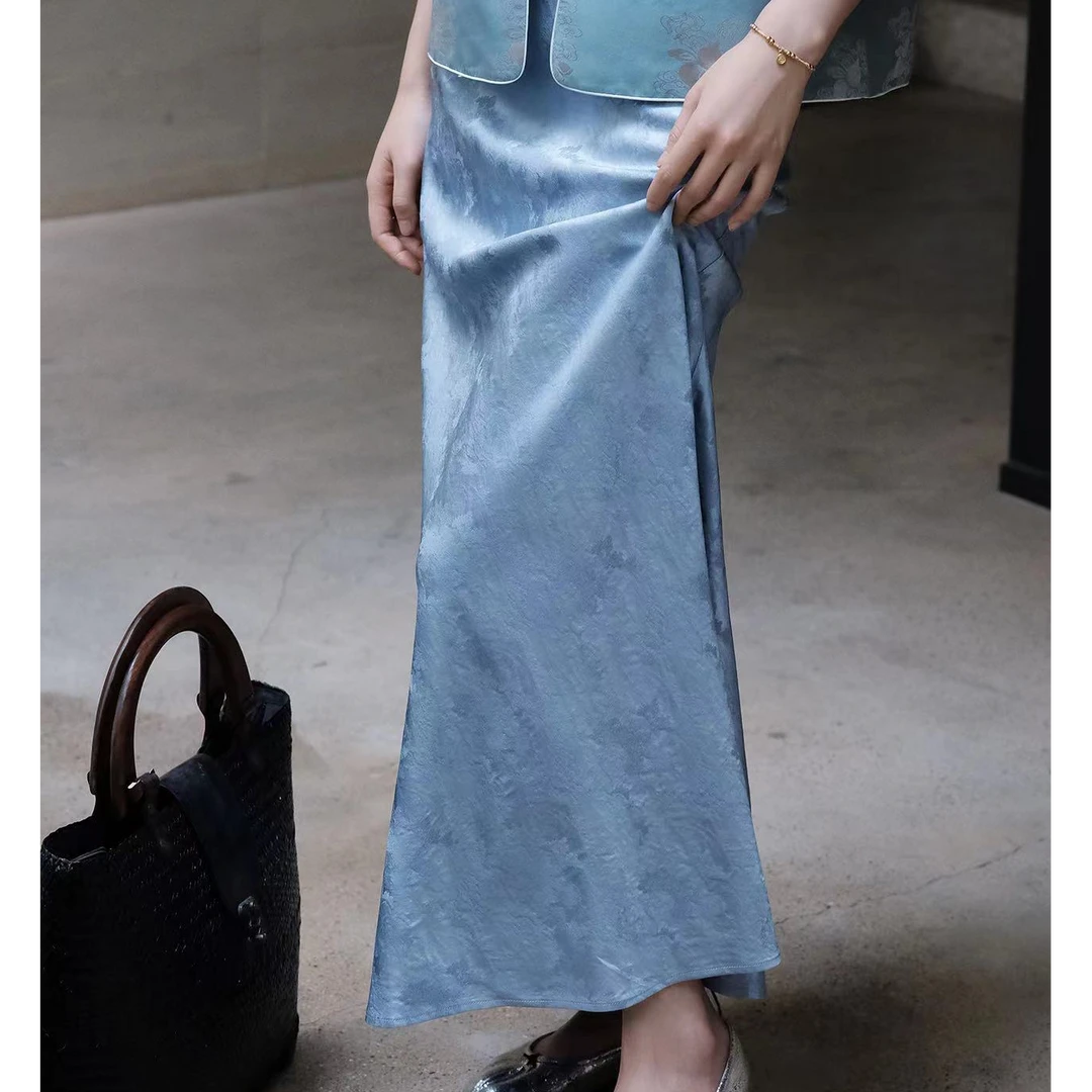 桑蕾中式国风丝毛半身裙新款时尚洋气百搭女装小众炸街高级感女装