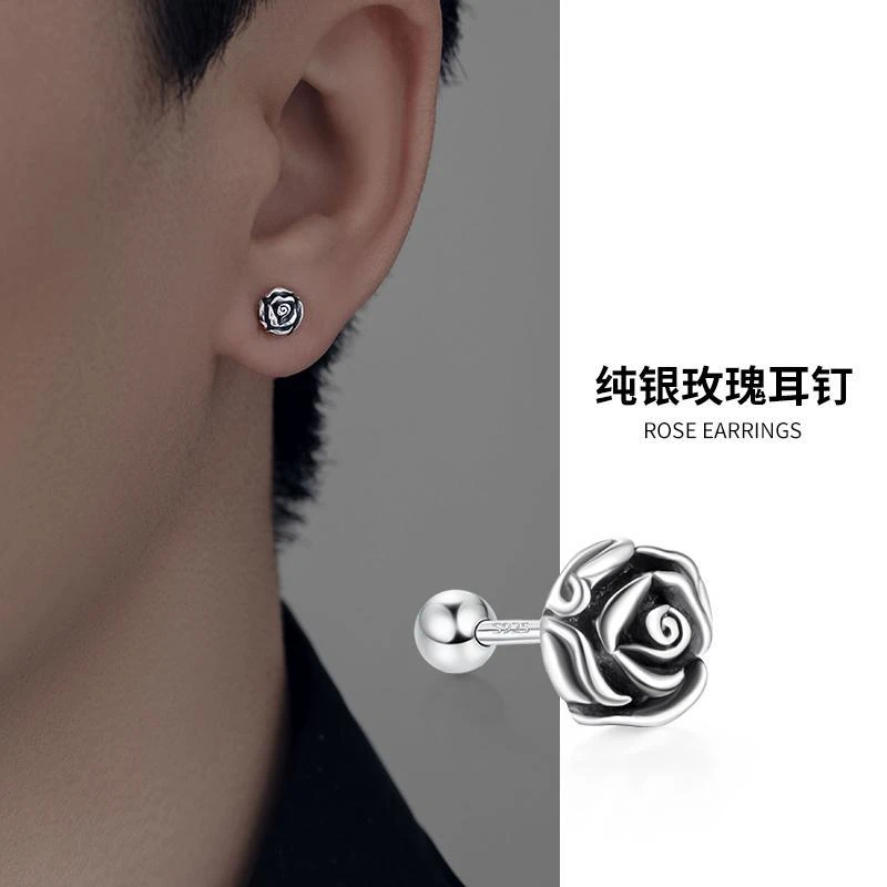 925银耳钉男高级感复古冷淡风玫瑰花螺丝拧扣单只睡觉免摘潮男耳
