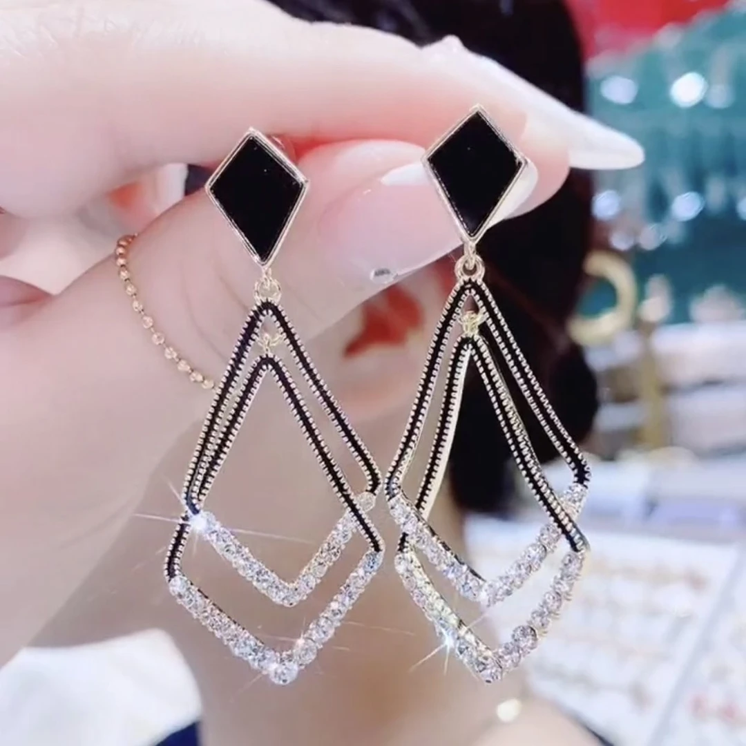 铜合金耳饰 双菱形几何耳环潮上档次气质高雅圆脸超显瘦耳饰女