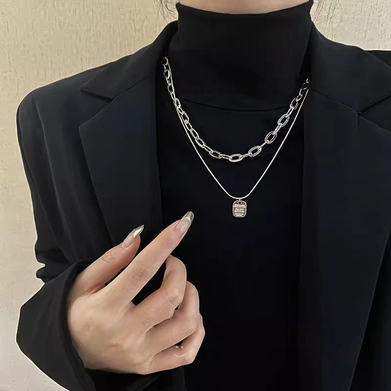 铜合金耳饰 轻奢小众双层吊牌项链女百搭长款毛衣链配饰潮简约ins