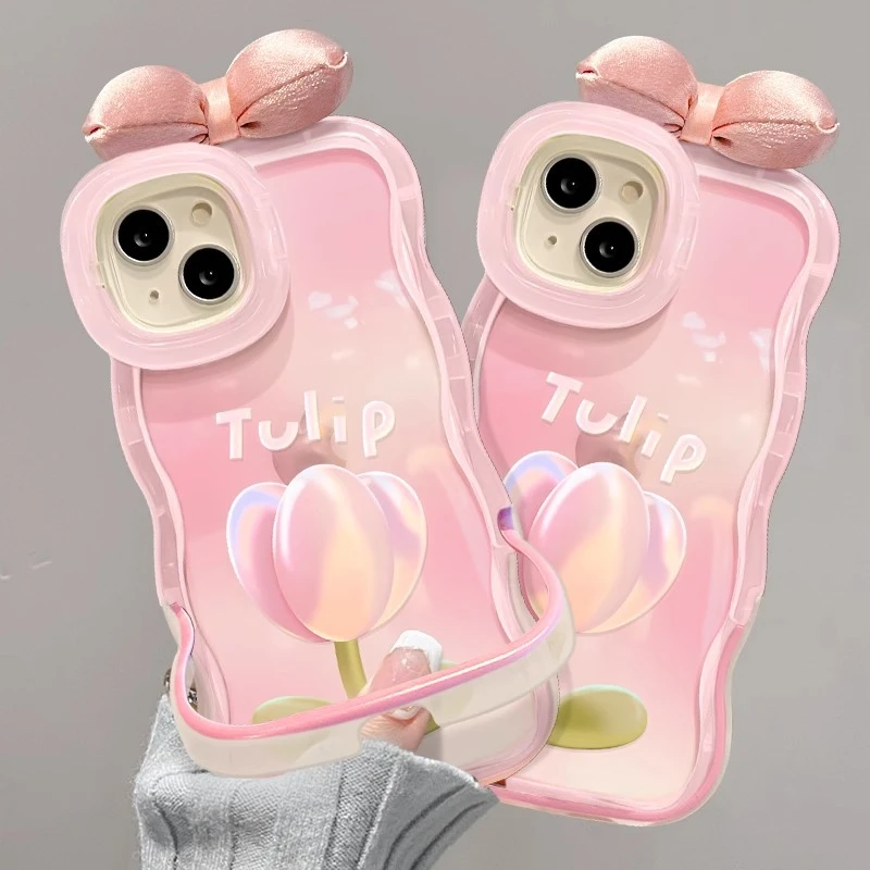 新款郁金香蝴蝶结公仔适用苹果16PRO手机壳15透明硅胶14防摔13可