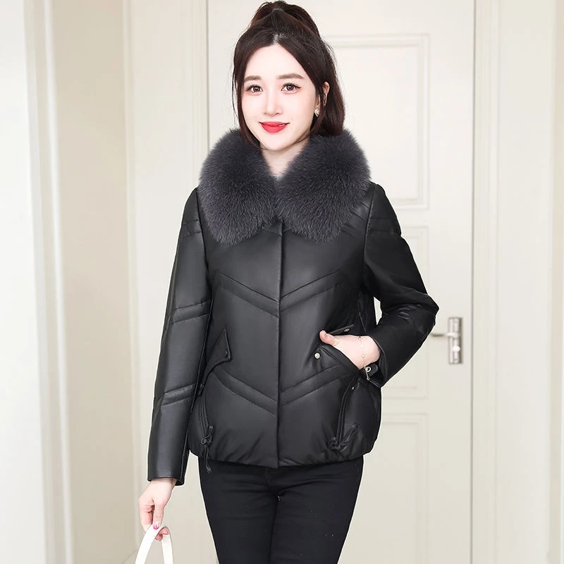 绵羊皮羽绒服短款女韩版宽松2025冬季新款狐狸毛领真皮皮衣外套潮