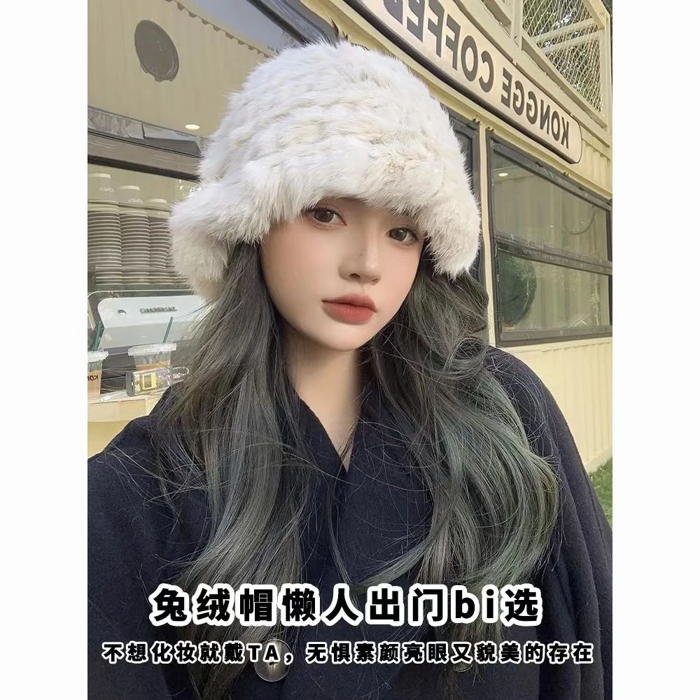 100%真兔毛毛绒帽子女秋冬季显脸小护耳毛线帽保暖针织渔夫帽盆帽