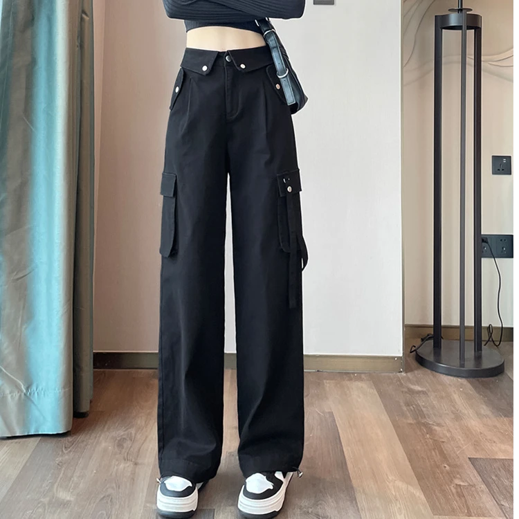 春秋直筒美式显瘦高腰工装裤女小个子显高宽松束脚百搭休闲长裤