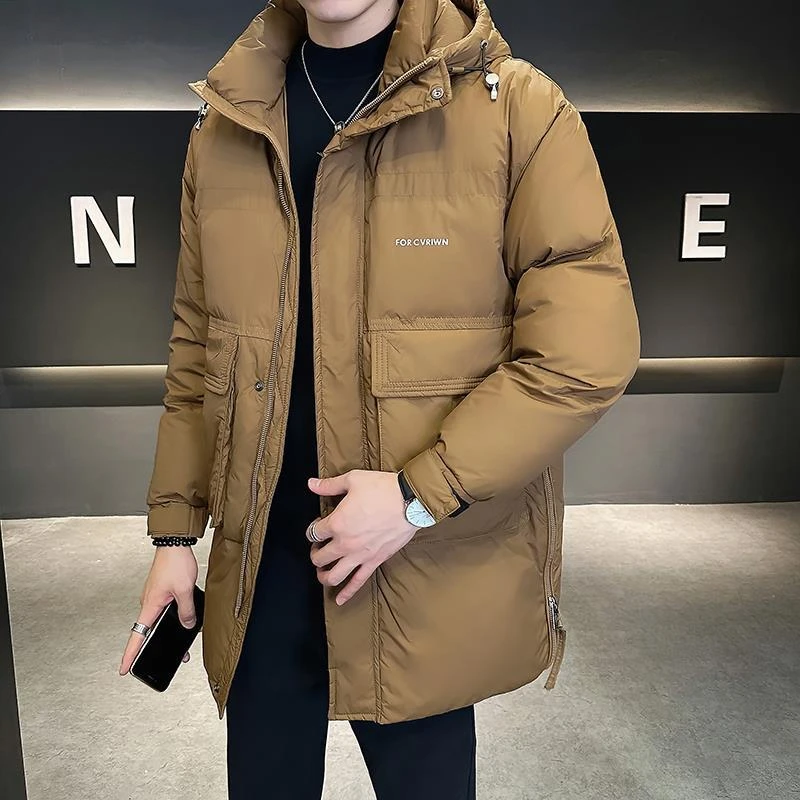 白鸭绒羽绒服男士中长款冬季2023新款休闲连帽加厚高端外套男冬装
