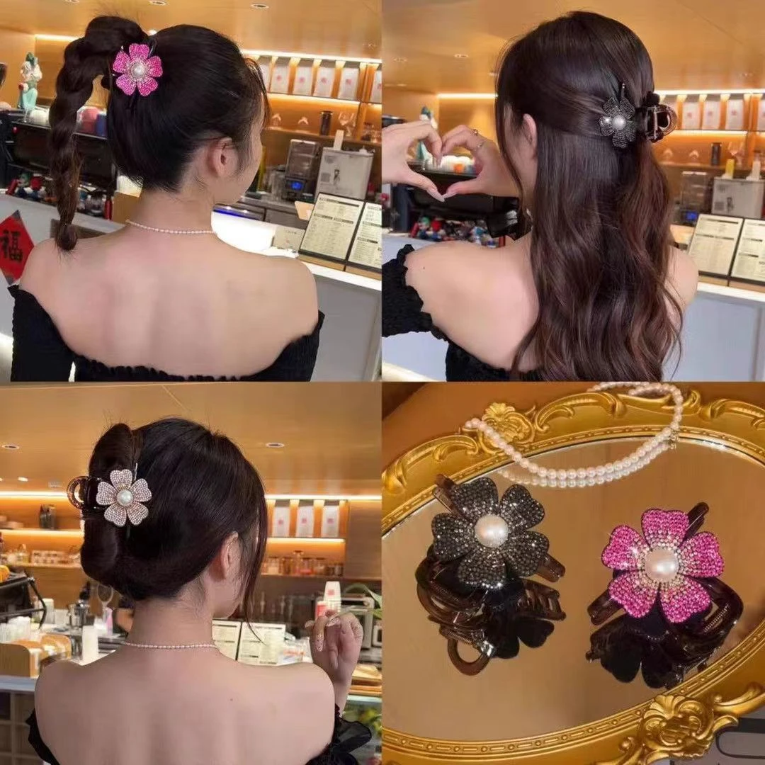 精致满钻闪闪花朵抓夹女气质半扎发发夹高马尾固定夹盘发鲨鱼夹子
