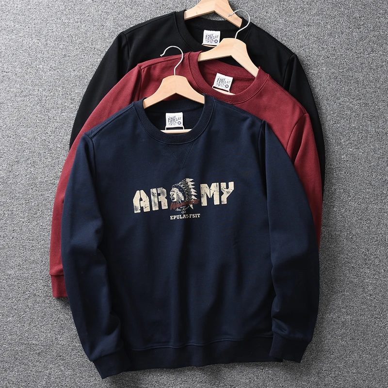 出口欧美单 复古美潮 秋季印第安人印花水洗棉圆领套头卫衣外套男