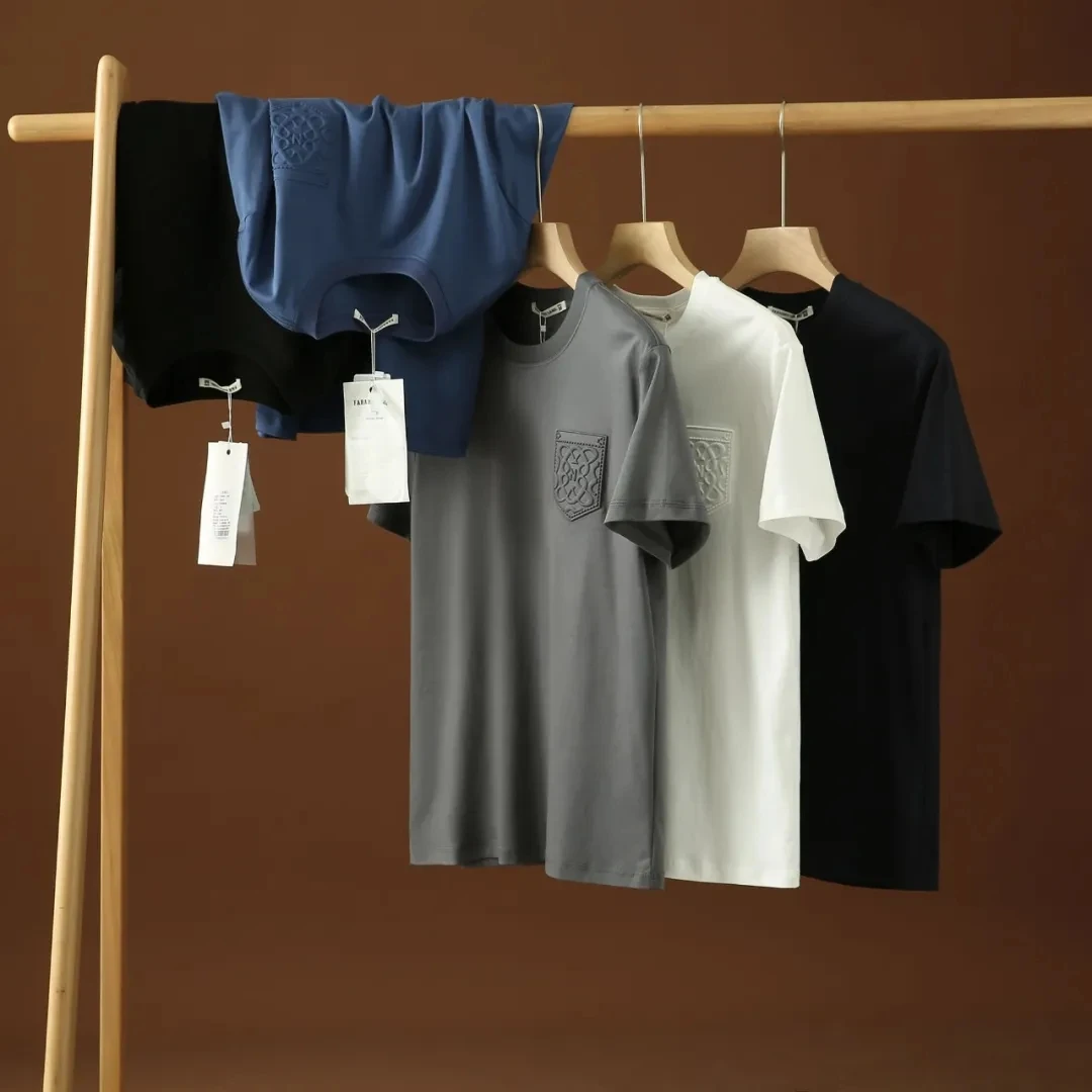 外贸单 夏季 液氨丝光棉！精致压印短袖T恤男士潮流打底衫透气