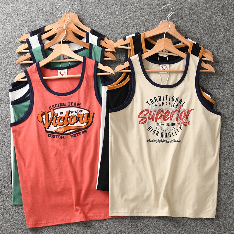 外贸男装 日单夏季男士纯棉背心 无感印花无袖T恤男士大码背心男