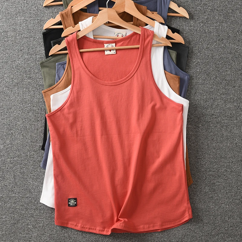 外贸男装 日单简约夏季纯棉纯色无袖T恤男士宽松休闲运动大码背心