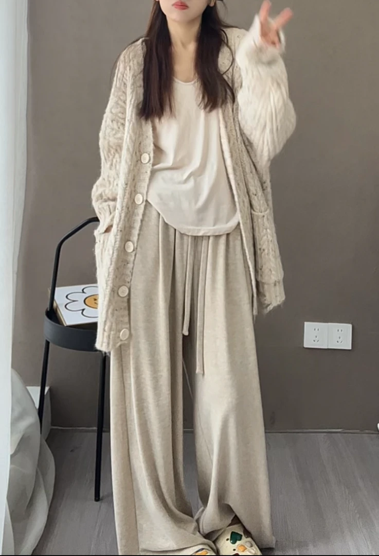 周周定制2024秋款慵懒风休闲裤瘦版阔腿裤春秋显瘦针织高腰直筒