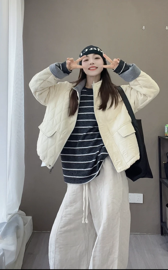 ZHANG.Z.Z【菱格】轻薄羽绒服休闲百搭外套小香风时尚宽松条纹