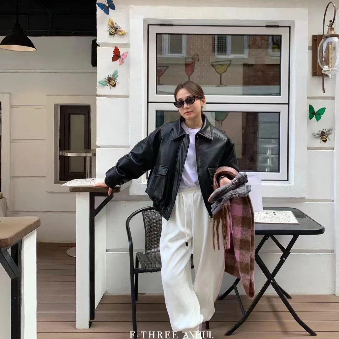 多娜家皮衣复古拉链短款常规潮流秋季拼接皮夹克宽松翻领秋冬百搭